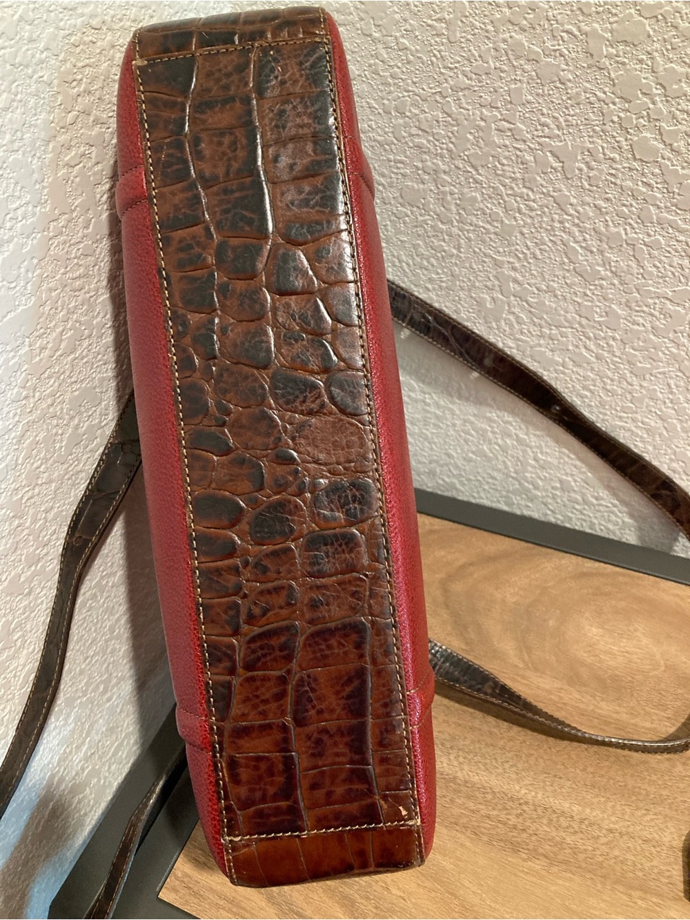 Brahmin Red Shoulder Bag w/Brown Leather Croc-Embossed Trim - Picture 13 of 13